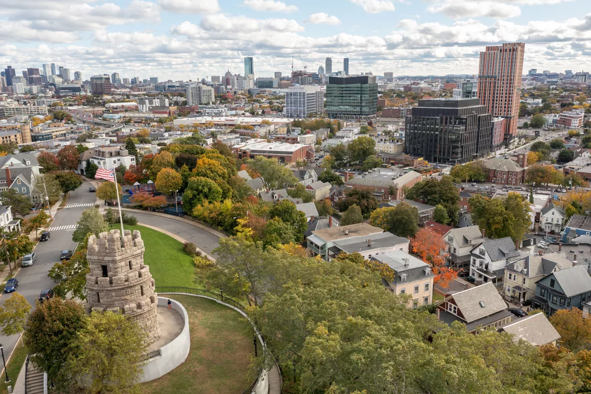 Prospect Hill park with Boston in background